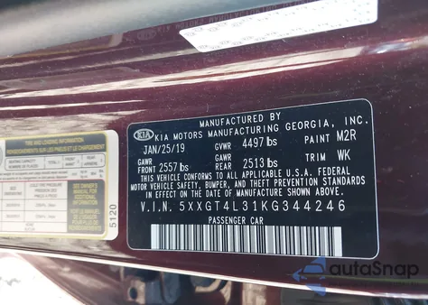 2019 Kia Optima Lx из США, поврежденный, VIN 5XXGT4L31KG344246